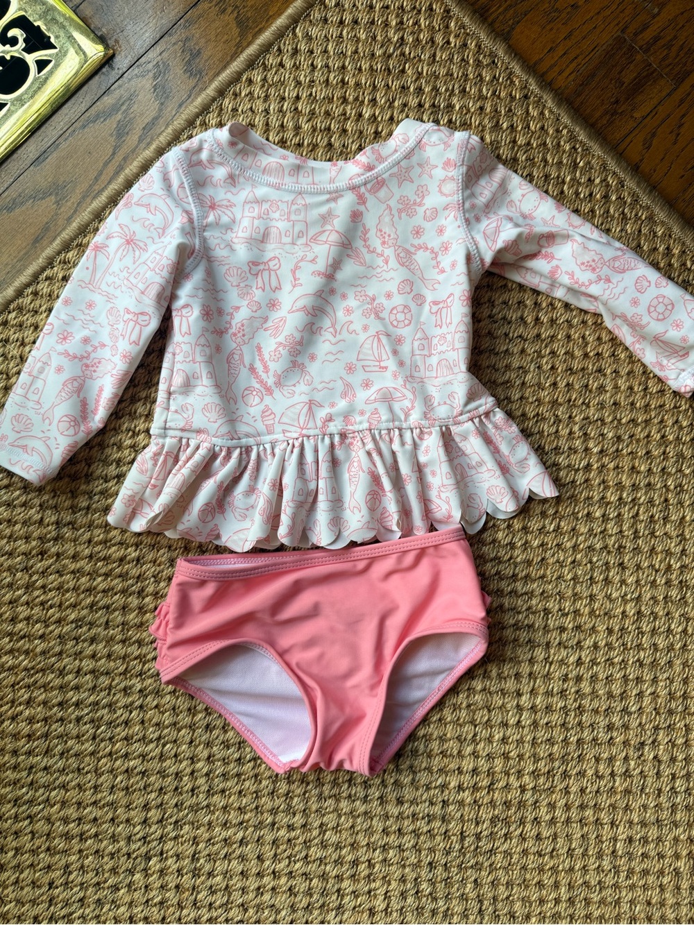 Ruffle Butts Pink and White Long Sleeve Ruffle Swim Set